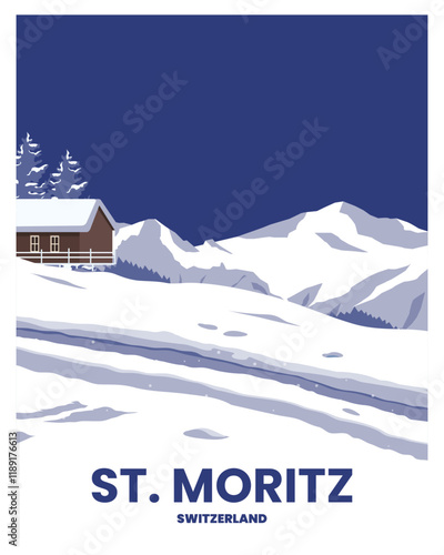 Travel poster with view  
mountain town in winter. vector illustration landscape background for poster, card, poscard, greeting card, decoration, print.