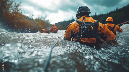 A team of rescuers using ropes to navigate floodwaters, showcasing teamwork and bravery during a flood rescue mission.