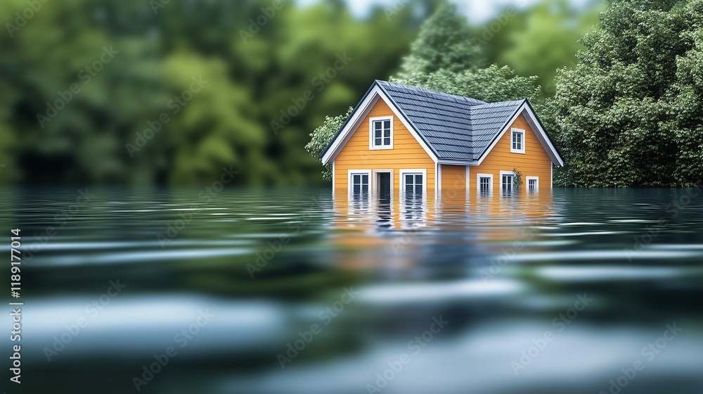An abstract depiction of a house partially submerged in floodwaters surrounded by a serene yet somber atmosphere, representing the quiet devastation caused by natural disasters. An abstract depiction of a house partially submerged in floodwaters surrounded by a serene yet somber atmosphere, representing the quiet devastation caused by natural disasters.
