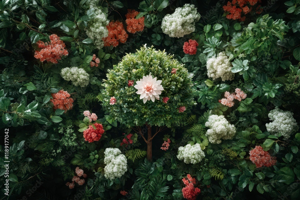 Vibrant garden arrangement showcasing a blossoming tree amid a burst of colorful flowers in a lush setting. Generative AI Vibrant garden arrangement showcasing a blossoming tree amid a burst of colorful flowers in a lush setting. Generative AI