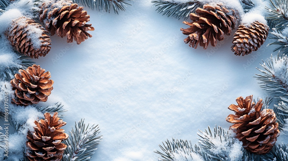 Naklejka premium Snowy winter background with pine cones and evergreen branches for seasonal decor