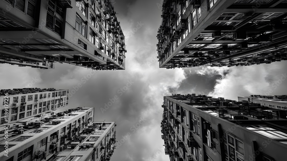 Fototapeta premium Four towering buildings reach for a cloudy sky