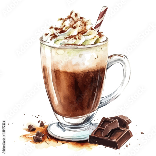 A watercolor vector painting of Spiked Hot Chocolate, isolated on a white background. Spiked Hot Chocolate vector.

