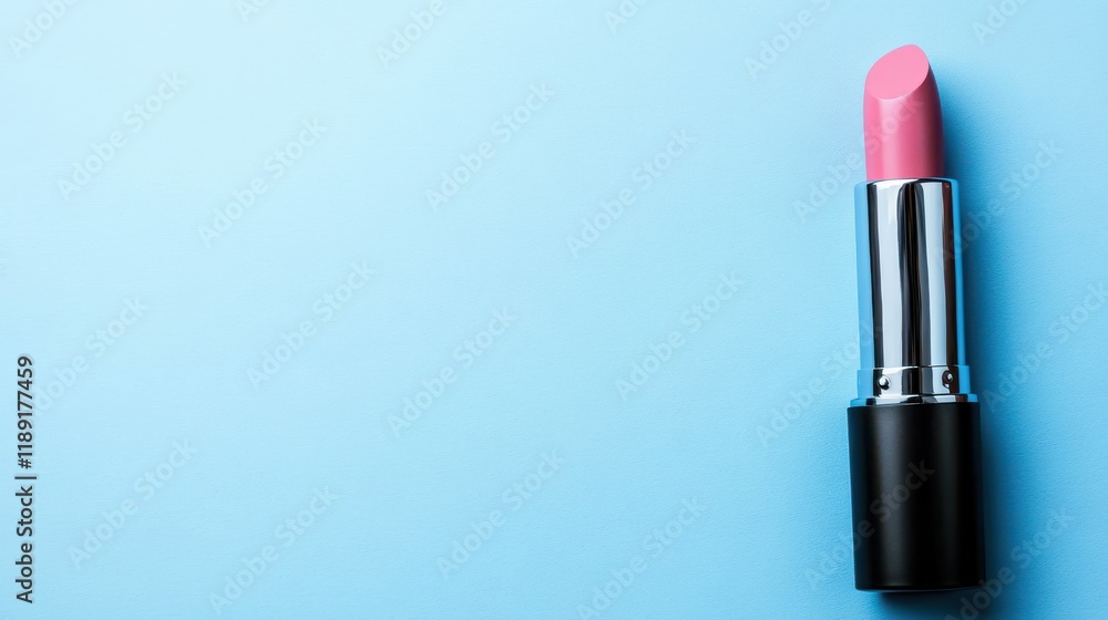 Stylish Pink Lipstick in a Sleek Tube on a Bright Blue Background Representing Beauty, Fashion, and Makeup Trends Perfect for Stock Images Stylish Pink Lipstick in a Sleek Tube on a Bright Blue Background Representing Beauty, Fashion, and Makeup Trends Perfect for Stock Images