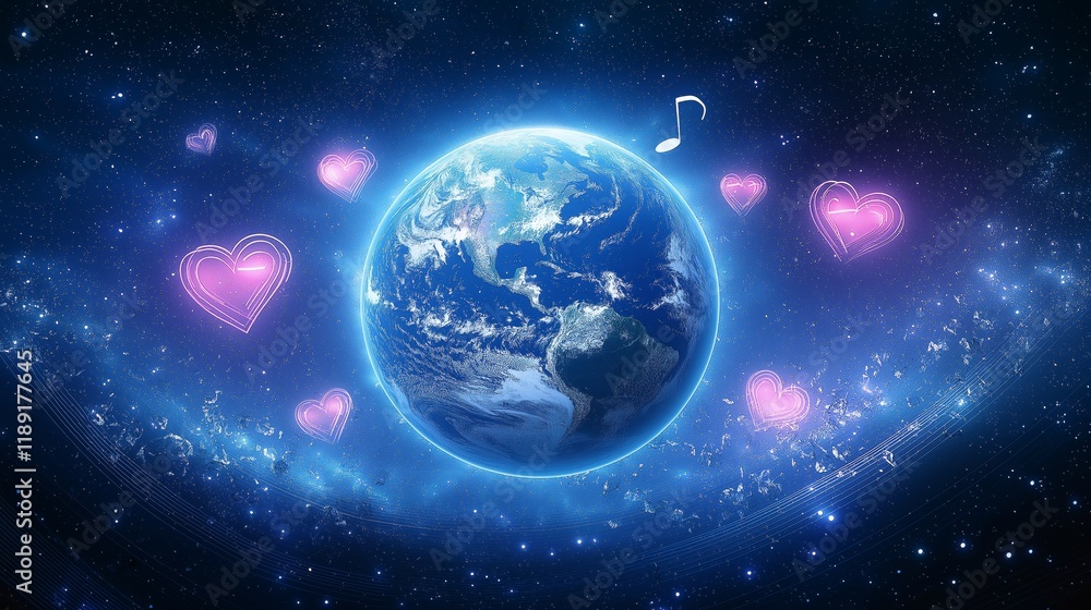 Obraz premium Planet Earth in a Starry Universe Surrounded by Hearts and Musical Notes, Celebrating Global Love, Harmony, and Artistic Inspiration, Generative AI