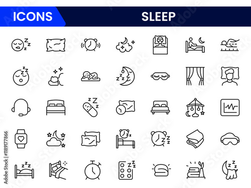 Sleep line icon set. Sleeping person, sleep, night rest, bed, pillow, sleeping pills, earplugs, moon, lullaby, bedtime story and more. Vector pictogram collection.