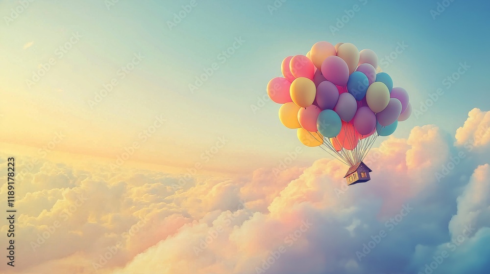 Fototapeta premium Whimsical Floating House Suspended by Colorful Balloons in a Dreamlike Sky, Symbolizing Freedom, Adventure, and Imaginative Journeys, Generative AI