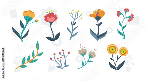 Vector set of tropical leaves. Palm, banana leaf, hibiscus, plumeria flowers.