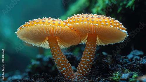 Two vibrant orange mushrooms with white spots, growing close together in dark, damp soil.  Detailed close-up view showcasing texture and gills. photo