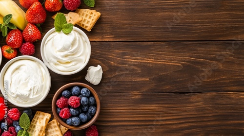 Wallpaper Mural A delightful spread of fresh fruit, creamy dessert, and crunchy snacks on a wooden table. Torontodigital.ca