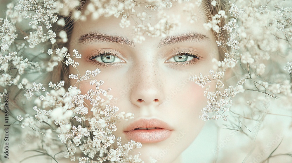 Ethereal Beauty with Pastel Flowers and Muted Tones in Background Ethereal Beauty with Pastel Flowers and Muted Tones in Background