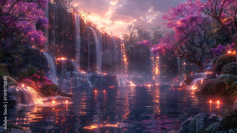 Obraz premium An enchanted valley surrounded by glowing waterfalls and floating islands.