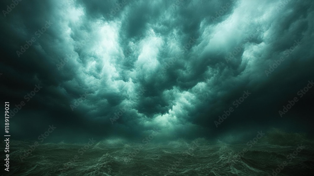 Fototapeta premium Underwater view of a dramatic ocean storm, dark teal and turquoise water, intense clouds above