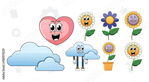 Set of facial expression with vintage style food cartoon on white background illustration. flowers, love, sun vector