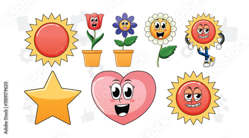 Set of facial expression with vintage style food cartoon on white background illustration. flowers, love, sun vector