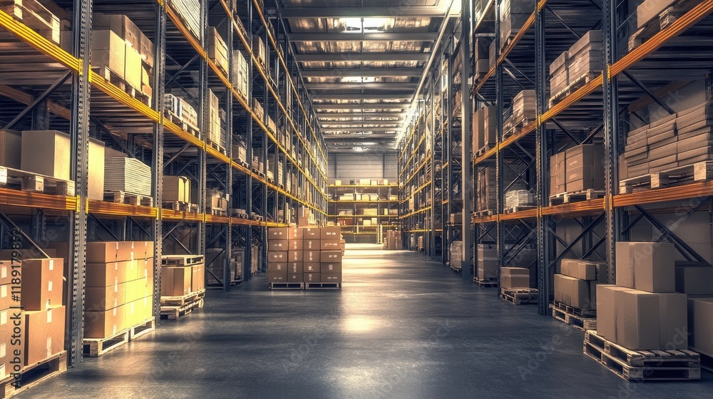 A spacious warehouse filled with stacked boxes and pallets, designed for storage and logistics. A spacious warehouse filled with stacked boxes and pallets, designed for storage and logistics.