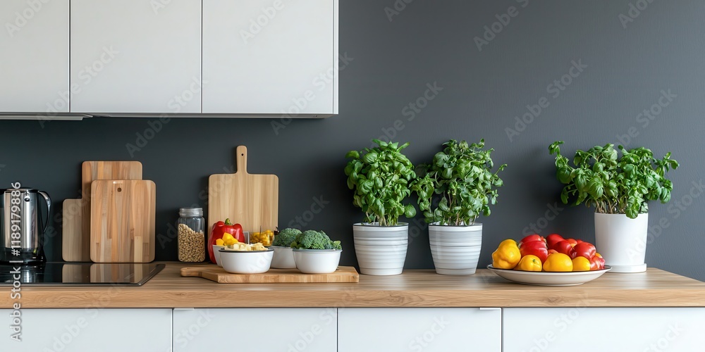 Modern Kitchen with Fresh Ingredients Display Modern Kitchen with Fresh Ingredients Display