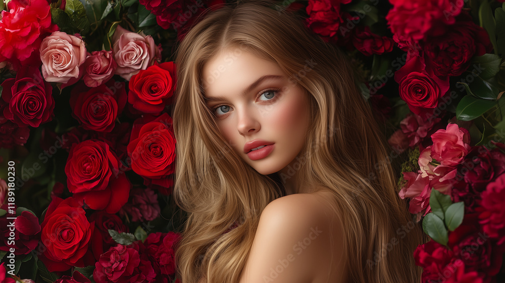 Realistic model with long hair poses for a Valentine's Day photo shoot Realistic model with long hair poses for a Valentine's Day photo shoot