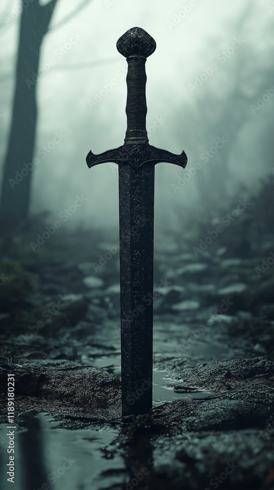 Naklejka premium Mysterious ancient sword piercing the damp earth in a foggy forest setting