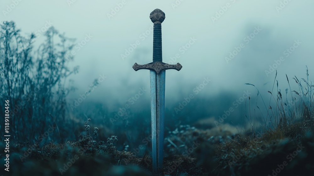 Naklejka premium Mystical ancient sword in enchanting misty meadow for fantasy adventures and imaginary quest themes