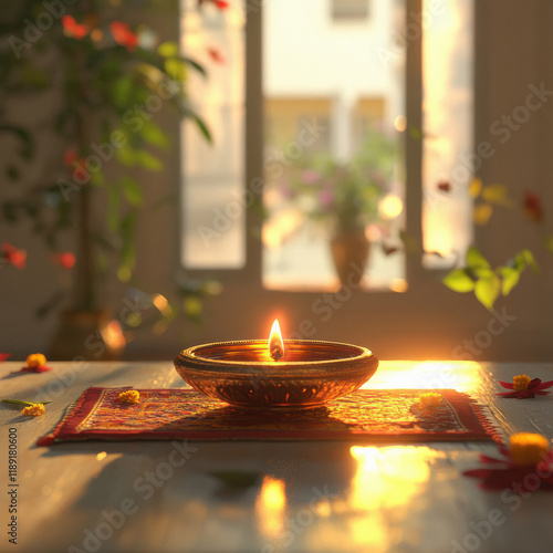 traditional oil lamp with pooja thali photo