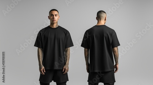 Oversized black t-shirt fashion apparel mockup displayed front and back for design and branding