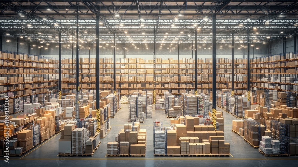 A spacious warehouse filled with neatly stacked boxes and organized shelving for storage.