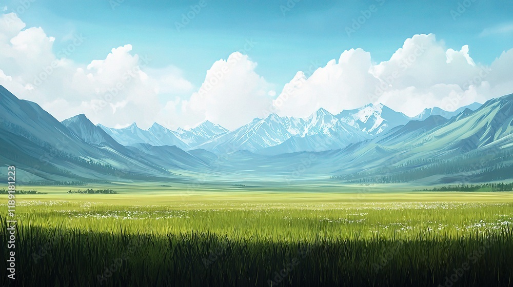 Obraz premium Expansive Panoramic View of a Peaceful Green Spring Landscape