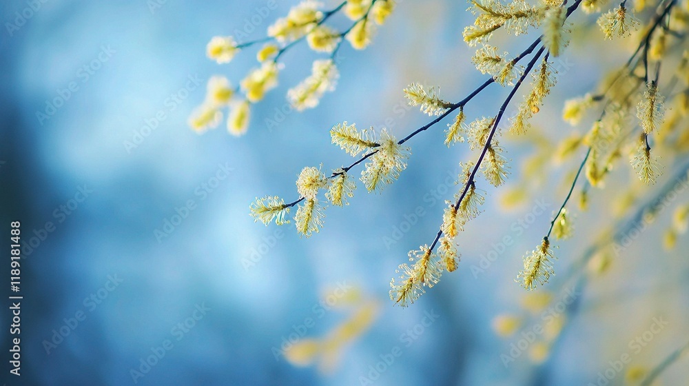 Spring Awakening: A delicate sprig of willow branches with fluffy yellow catkins bursts into bloom against a soft, hazy blue sky, signifying the arrival of spring. Spring Awakening: A delicate sprig of willow branches with fluffy yellow catkins bursts into bloom against a soft, hazy blue sky, signifying the arrival of spring.