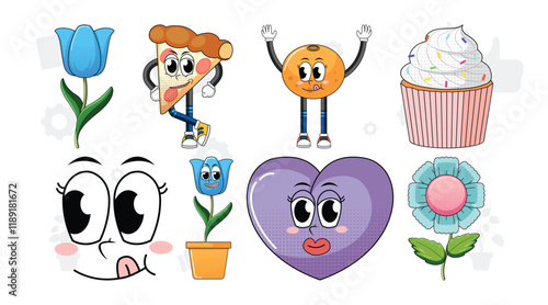 Set of facial expression with vintage style food cartoon on white background illustration. 