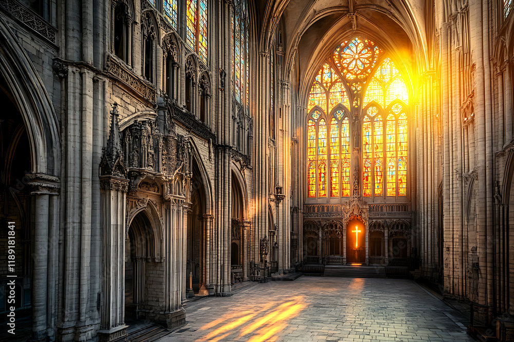 A majestic medieval cathedral with a stunning stained glass cross on one side, softly emitting light that bathes the interior in a serene, colorful glow. A majestic medieval cathedral with a stunning stained glass cross on one side, softly emitting light that bathes the interior in a serene, colorful glow.