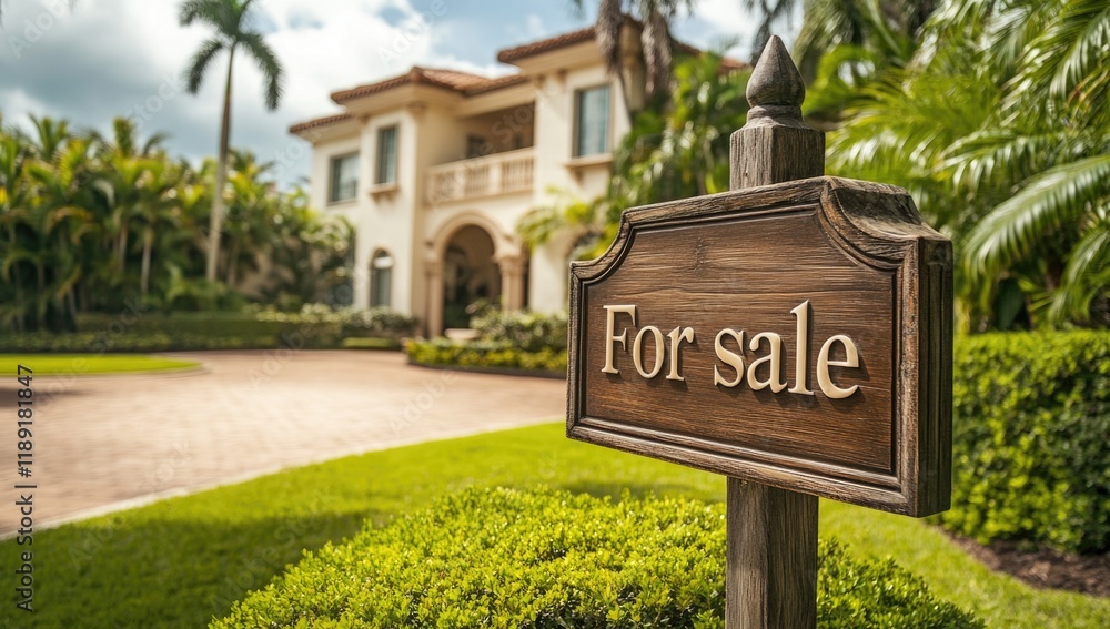 A beautifully landscaped mansion showcases a for sale sign amidst lush greenery and vibrant flowers. The property features classic architecture and well-maintained grounds under a clear sky A beautifully landscaped mansion showcases a for sale sign amidst lush greenery and vibrant flowers. The property features classic architecture and well-maintained grounds under a clear sky