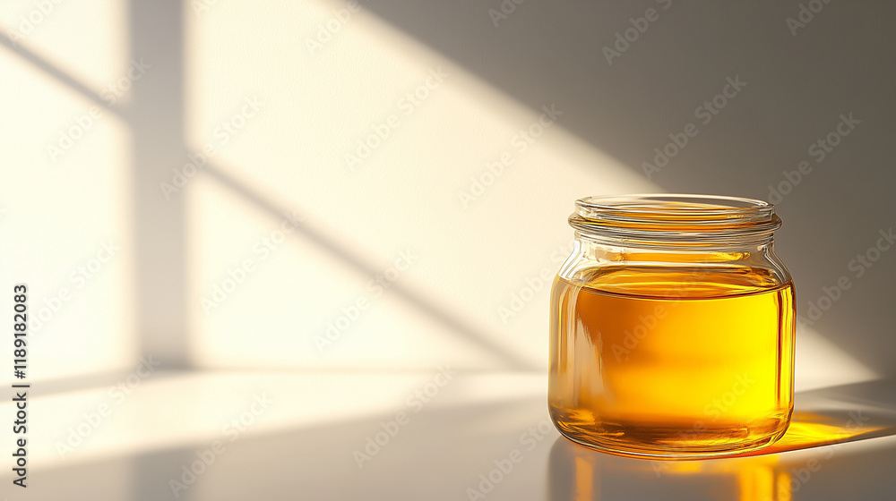 Clear glass jar filled with golden honey, placed on minimal surface Clear glass jar filled with golden honey, placed on minimal surface