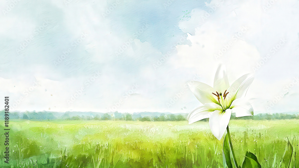 A tranquil watercolor of an open field featuring a single Easter lily in the foreground, glowing gently under soft light, evoking a sense of peace and renewal.