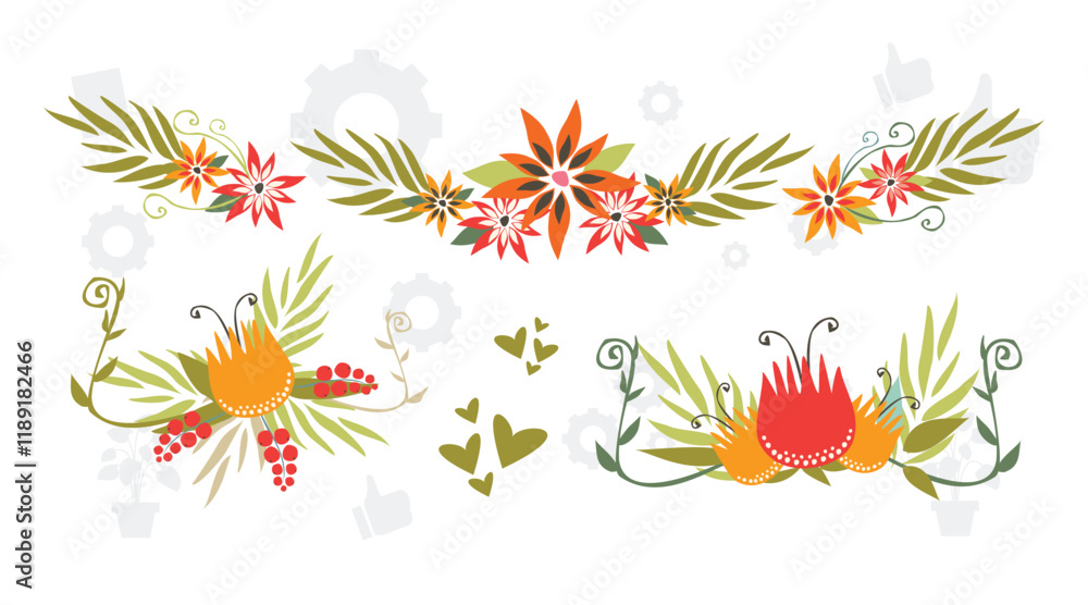 Obraz premium Exotic tropical flowers big vector clipart set. Orchid, strelitzia, hibiscus, bougainvillea, gloriosa, protea, tulip, hydrangea, fuchsia. Jungle floral design. Island flowers. Isolated and editable