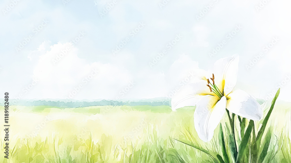 A tranquil watercolor of an open field featuring a single Easter lily in the foreground, glowing gently under soft light, evoking a sense of peace and renewal.