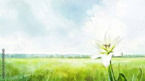 Obraz na płótnie A tranquil watercolor of an open field featuring a single Easter lily in the foreground, glowing gently under soft light, evoking a sense of peace and renewal.
w salonie
