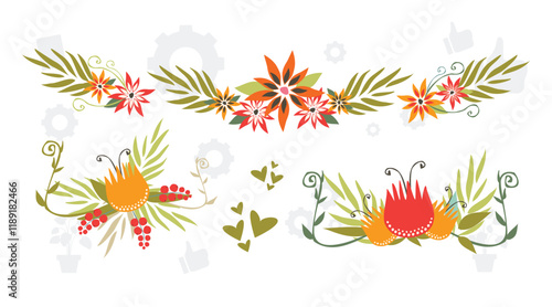 Exotic tropical flowers big vector clipart set. Orchid, strelitzia, hibiscus, bougainvillea, gloriosa, protea, tulip, hydrangea, fuchsia. Jungle floral design. Island flowers. Isolated and editable