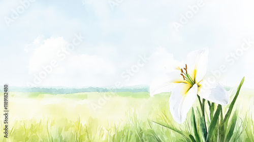 A tranquil watercolor of an open field featuring a single Easter lily in the foreground, glowing gently under soft light, evoking a sense of peace and renewal.
