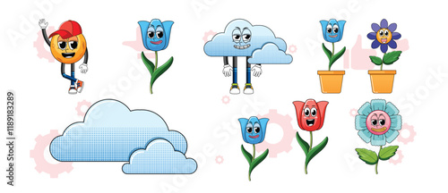 Set of facial expression with vintage style food cartoon on white background illustration. flowers, love, sun vector