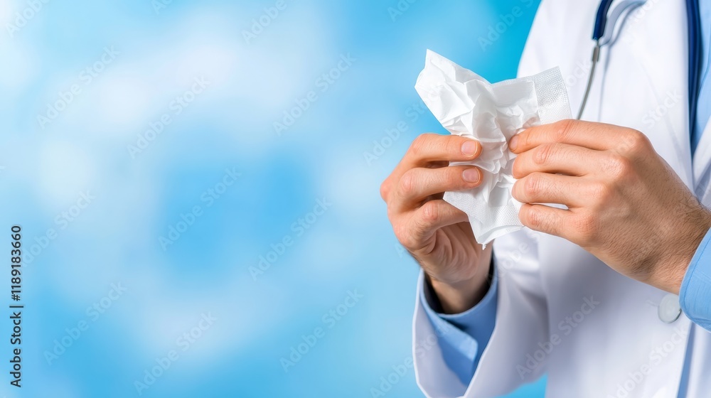 A medical professional holds a crumpled tissue, suggesting a focus on health or hygiene. A medical professional holds a crumpled tissue, suggesting a focus on health or hygiene.
