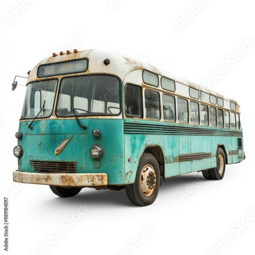 An old turquoise and white bus