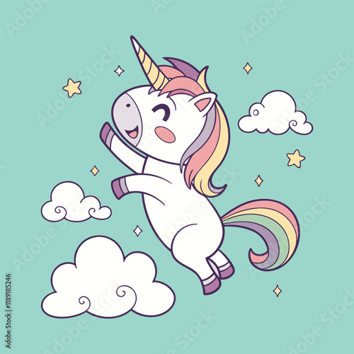 Adorable unicorn leaping through the clouds, a perfect image for children's products.