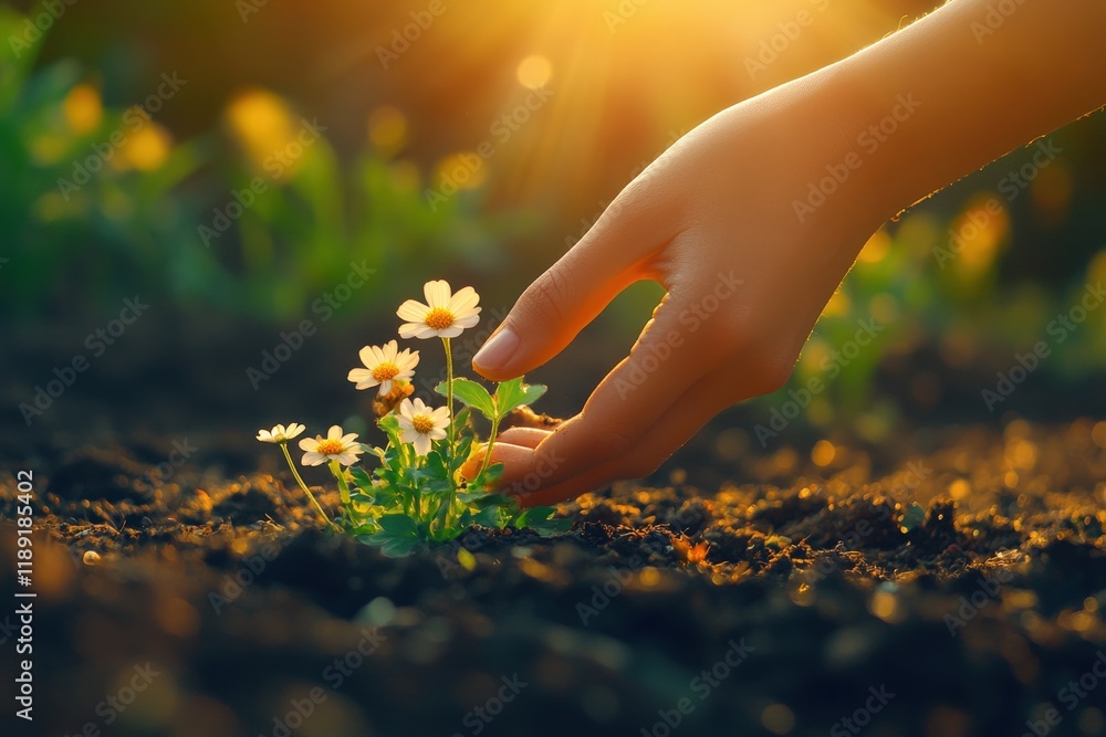 Fototapeta premium Hand Planting Flowers in Glowing Afternoon Light