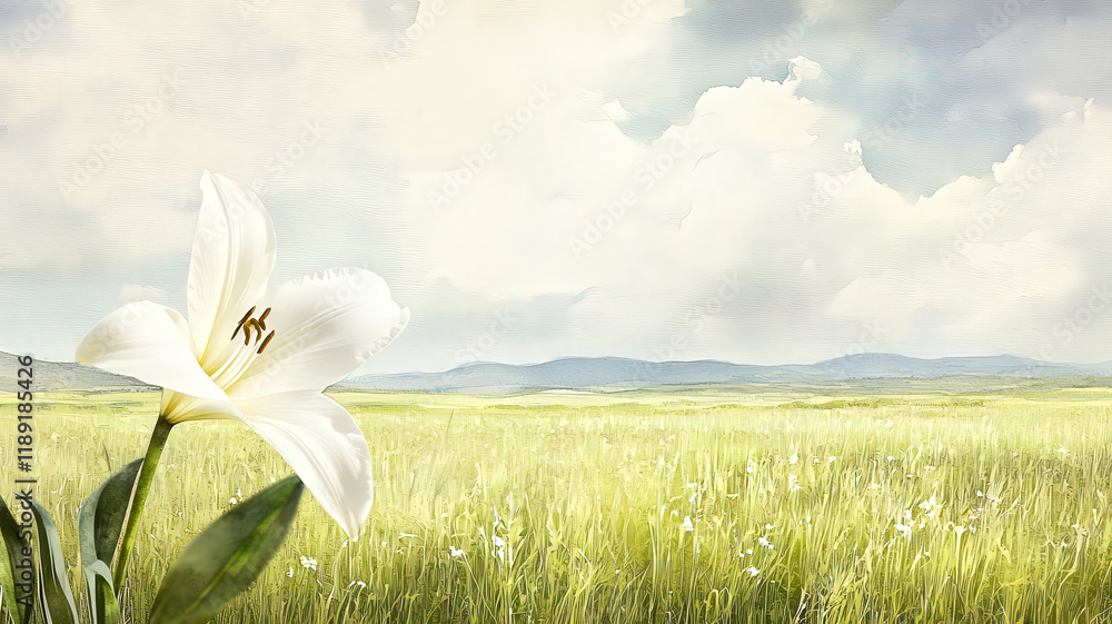 A tranquil watercolor of an open field featuring a single Easter lily in the foreground, glowing gently under soft light, evoking a sense of peace and renewal.