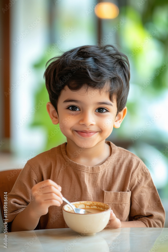 indian little boy eating Choco with spoon indian little boy eating Choco with spoon
