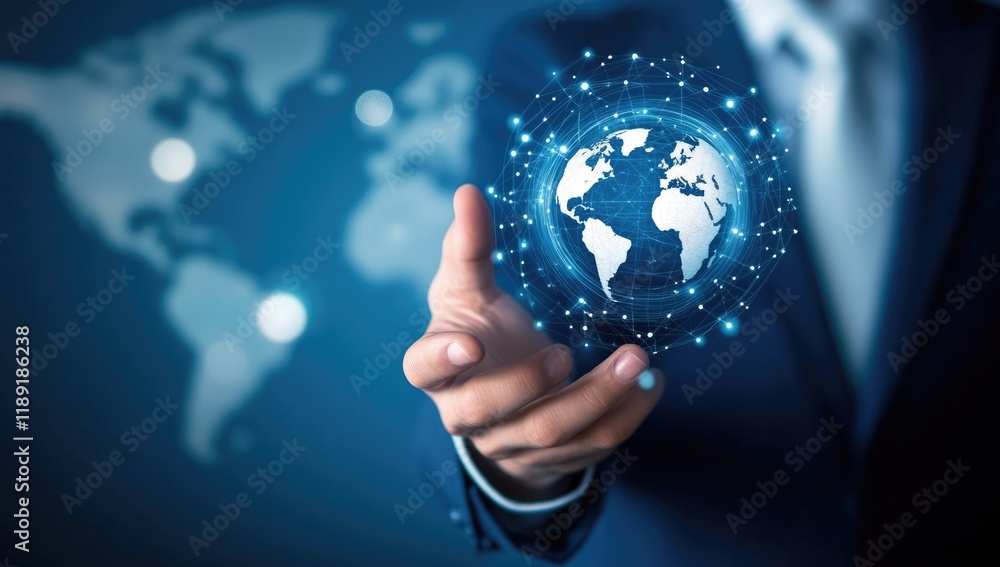 A person in a formal suit holds a glowing, connected globe, symbolizing global networking and digital advancements. The background features abstract data patterns, suggesting high-tech innovation. A person in a formal suit holds a glowing, connected globe, symbolizing global networking and digital advancements. The background features abstract data patterns, suggesting high-tech innovation.