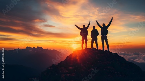 Silhouetted figures of determined hikers stand triumphantly on a rugged mountain peak basking in the vibrant glow of a stunning sunset  This image captures the essence of reward driven perseverance photo