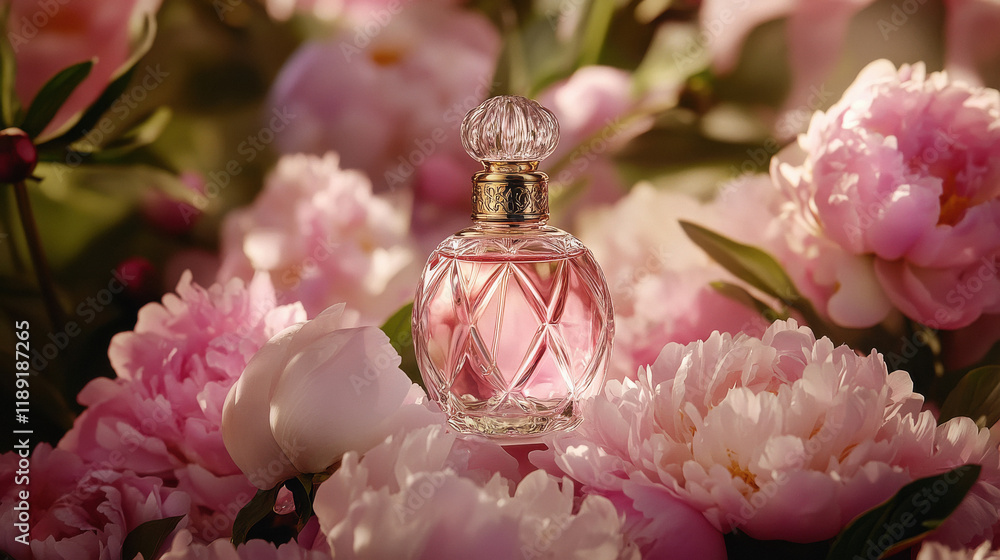 bottle of perfume with pink peonies bottle of perfume with pink peonies