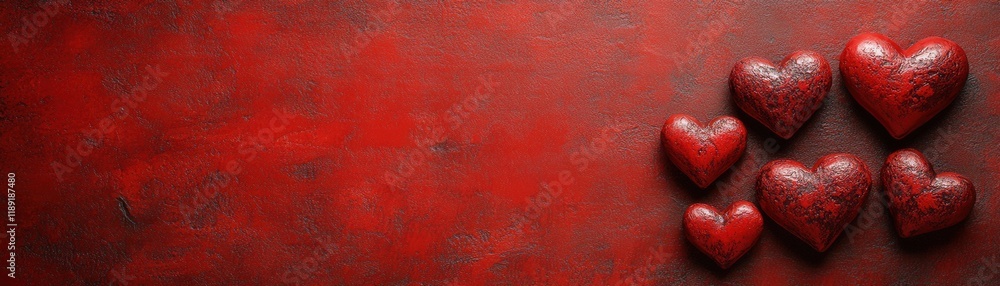 Fototapeta premium Group of red hearts arranged on a solid red background creating a vibrant and romantic visual display valentine day